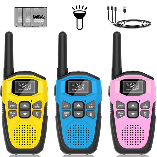 Walkie Talkies Long Range for Kids Adults - DURLK 3 Pack Rechargeable Walkie Talkies, 2 Way Radios 22 Channels with 1200mAh Li-ion Battery, Flashlight Type-C Cable for Toys Gift Outdoor Camping Hiking