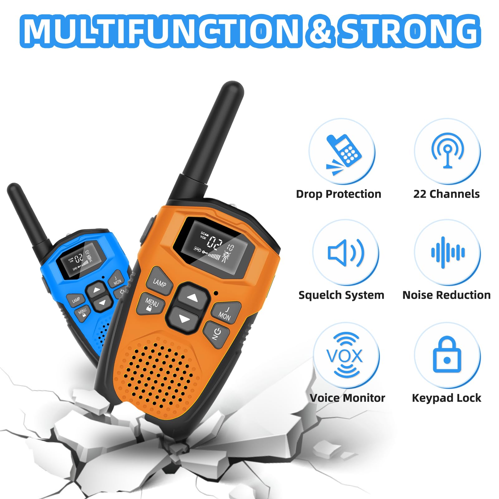 Walkie Talkies Long Range for Kids Adults - DURLK 4 Pack Rechargeable Walkie Talkies, 2 Way Radios 22 Channels with 1200mAh Li-ion Battery, Flashlight Type-C Cable for Toys Gift Outdoor Camping Hiking