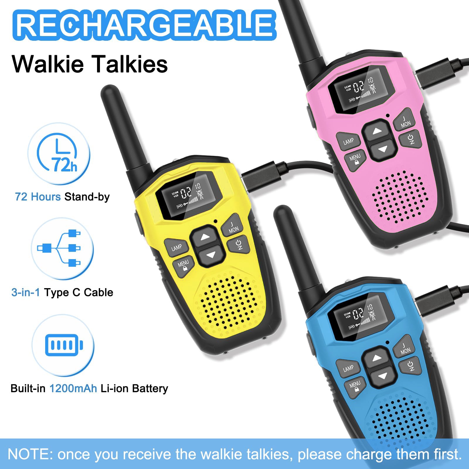 Walkie Talkies Long Range for Kids Adults - DURLK 3 Pack Rechargeable Walkie Talkies, 2 Way Radios 22 Channels with 1200mAh Li-ion Battery, Flashlight Type-C Cable for Toys Gift Outdoor Camping Hiking