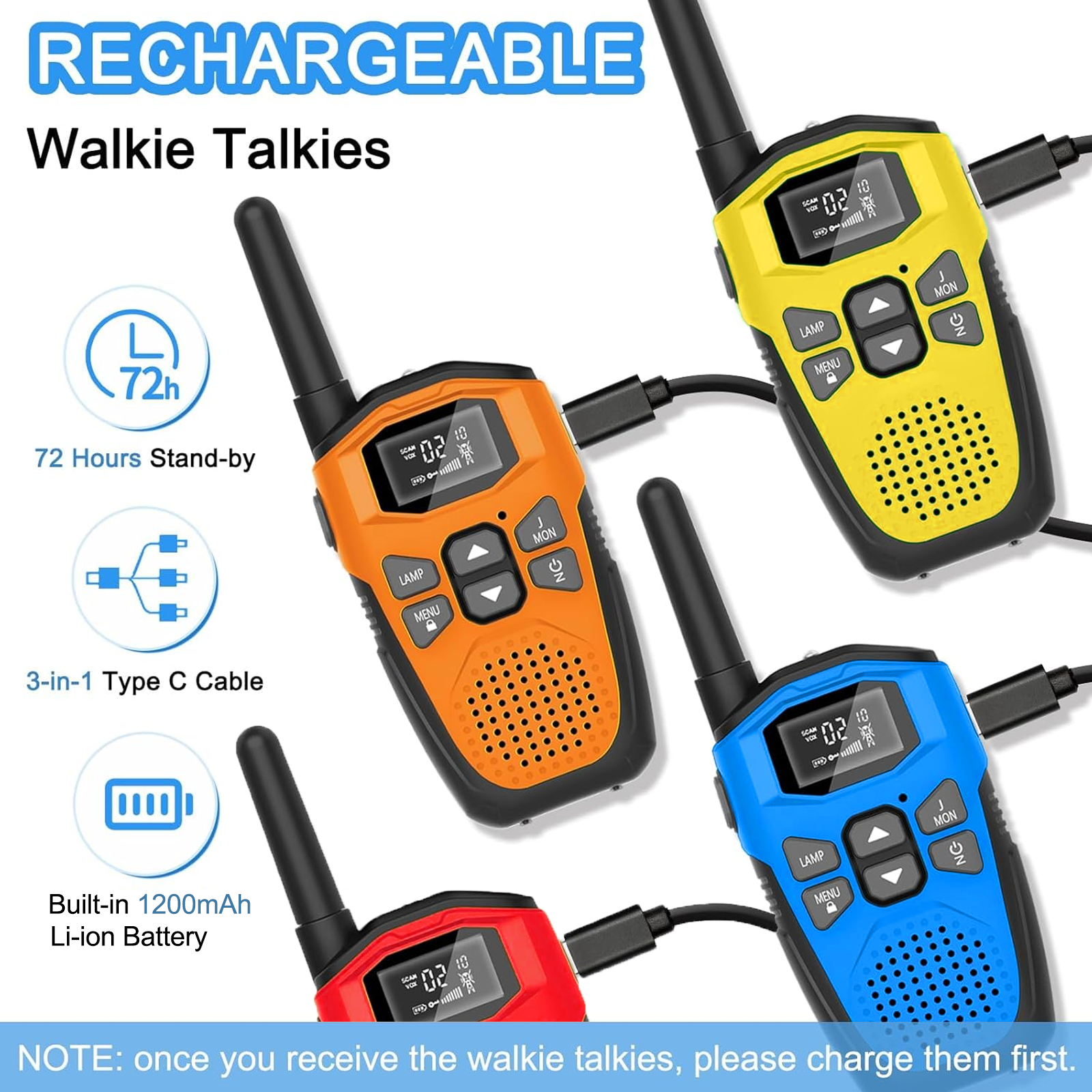 Walkie Talkies Long Range for Kids Adults - DURLK 4 Pack Rechargeable Walkie Talkies, 2 Way Radios 22 Channels with 1200mAh Li-ion Battery, Flashlight Type-C Cable for Toys Gift Outdoor Camping Hiking