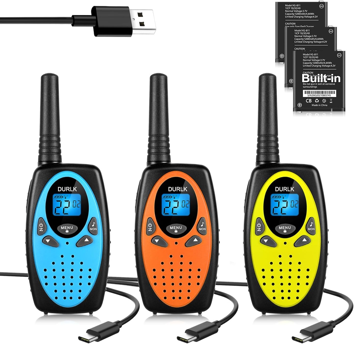 Walkie Talkies for Adults Long Range 3 Pack,Rechargeable 22 Channels Two Way Radios FRS Walkie Talkie Built-in 1200mAh Li-ion Batteries,VOX,USB-C Charging,Crystal Voice for Camping Hiking Cruise Ships