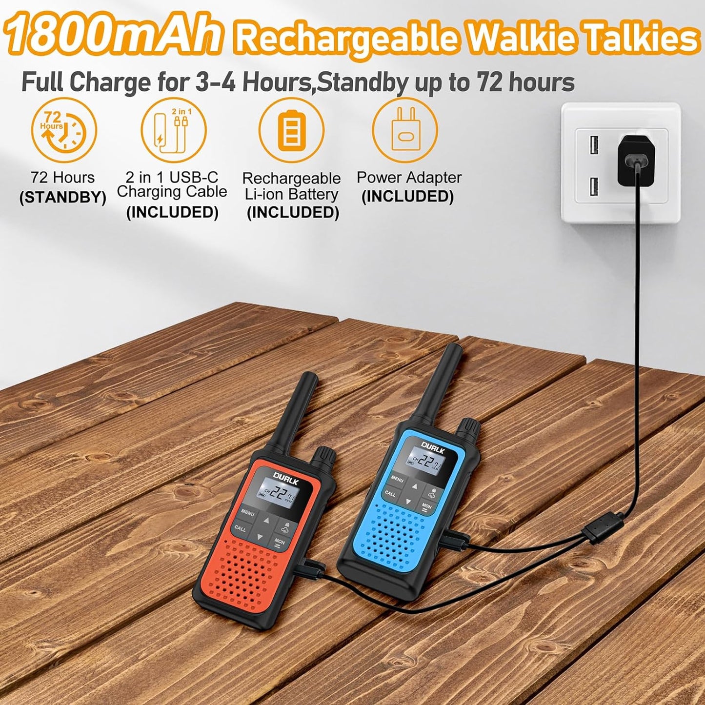 Walkie Talkies for Adults Long Range 2 Pack,Rechargeable Walkie Talkies 22 FRS Channels Two Way Radios with NOAA Weather Receiver,Noise Reduction,Volume Adjustment,LED Flashlight,1800mAh Battery