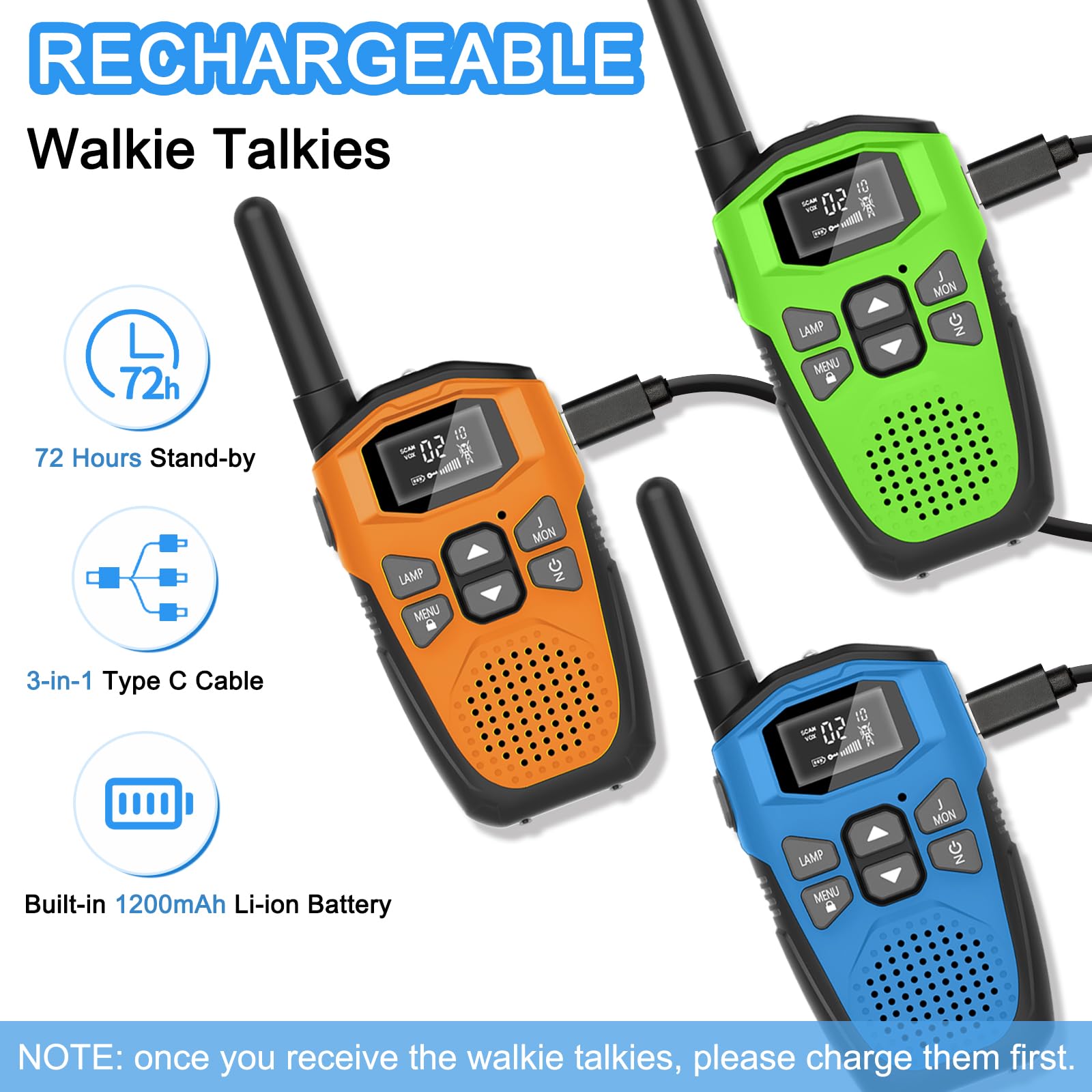 Walkie Talkies Long Range for Kids Adults 3 Pack, DURLK Rechargeable Walky Talky 2 Way Radios 22 Channels with 1200mAh Li-ion Battery,LED Flashlight,Type-C Cable for Outdoor Camping Hiking Trip